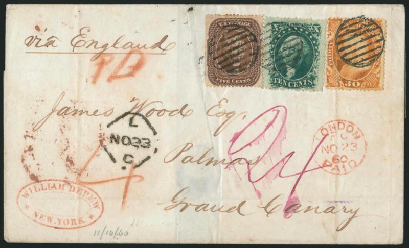 30c Orange (38).> Rich color (slightly oxidized), used with <5c Brown, Ty. II (30A) and 10c Green, Ty. V (35),> tied by grid cancels, red New York Am. Pkt. Nov. 10 backstamp on 1860 folded letter <to Palmas,
Grand Canary Island,> red London Paid