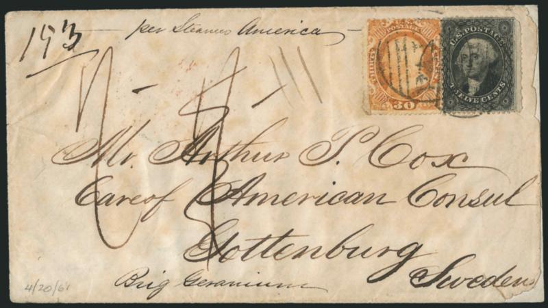 30c Orange (38).> Slightly oxidized, used with <12c Black, Plate 3 (36B),> tied by large Paid grids, Boston Am. Pkt. Apr. 20 backstamp on cover <to Gottenborg, Sweden,> 1861 London transit, stamps and cover
somewhat defective but still a very sca
