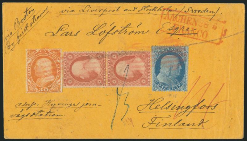 30c Orange (38).> Vivid color, well-centered, natural s.e. at right, used with <1c Blue, Ty. I (18) and vertical pair of 3c Dull Red, Ty. III (26),> 1c straddle-pane margin at left, tied by red grids on orange
cover <to Helsingfors, Finland,> red Ne