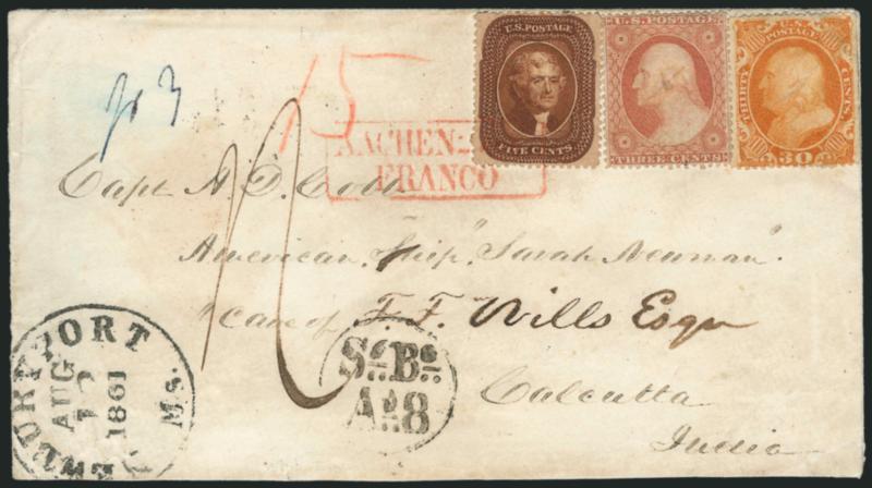 30c Orange (38).> Rich color, used with <3c Dull Red, Ty. III (26) and 5c Orange Brown, Type II (30),> lightened manuscript cancels, neat Newburyport Ms. Aug. 12, 1861 circular datestamp on cover <to Calcutta,
India,> 5c tied by red boxed Aachen F