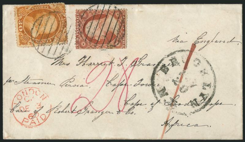 30c Orange (38).> Rich color, used with <3c Dull Red, Ty. III (26),> s.e. at left, tied by large grids, Brooklyn N.Y. Nov. 20 circular datestamp on 1860 cover <to Cape of Good Hope,> red London transit,
magenta 28 credit, manuscript 1 British C
