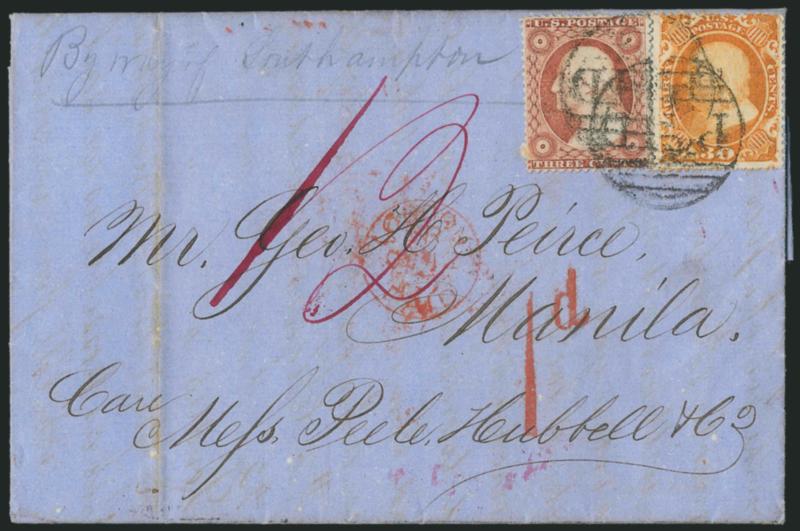 30c Orange (38).> Used with <3c Dull Red, Ty. II (26)>, tied by Boston large Paid grids on blue 1860 folded letter <to Manila, Philippines,> endorsed <y way of Southampton>>, red New-York Am. Pkt. Sep. 28 and
Hong Kong backstamps, red London