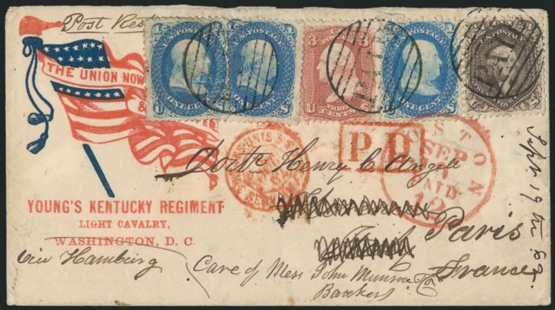 24c Red Lilac (70).> Used with three singles of <1c Blue (63) and 3c Rose (65),> tied by large Paid grids and red Boston Sep. 19 Paid 12 credit datestamp on red and blue <Youngs Kentucky Regiment Patriotic
cover  Dr. Henry C. Angell in Paris, Fr