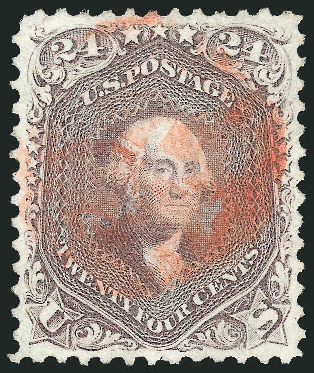 24c Red Lilac (70).> Perfectly centered with wide margins, bright color and detailed impression nicely contrasted by <red> cancel<><>^EXTREMELY FINE GEM. A SUPERB USED EXAMPLE OF THE 1861 24-CENT RED LILAC
ISSUE AND ESPECIALLY DESIRABLE WITH THE RE
