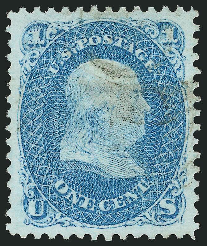 1c Blue, E. Grill (86).> Perfectly centered with wide and well-balanced margins, brilliant color on bright paper, light cancel leaves design clearly visible, strong grill impression<><>^EXTREMELY FINE GEM. THE
1868 ONE-CENT E GRILL IS ONE OF THE MO