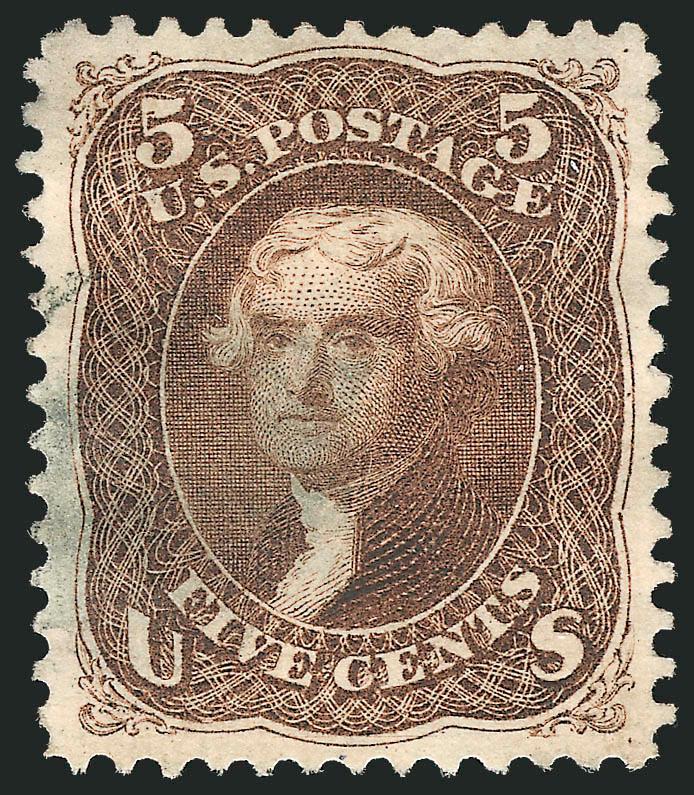 5c Brown, Re-Issue (105).> Choice centering with wide and beautifully balanced margins, light strike of cork cancellation at left, detailed impression<><>^EXTREMELY FINE GEM. A SUPERB USED EXAMPLE OF THE
5-CENT 1861 RE-ISSUE, WHICH HAS BEEN GRADED
