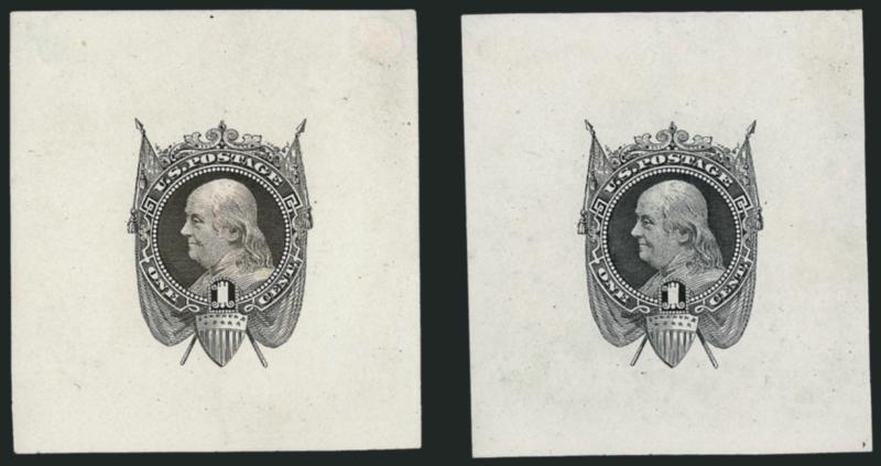 1c Franklin, Die Essays on White Ivory (112-E5b).> Two, in Black and Black Brown, approximately 50 x 55mm, detailed impressions, each with small thin spot at top left corner from mount removal<><>^VERY FINE.
TWO RARE EXAMPLES OF THIS UNADOPTED DESI