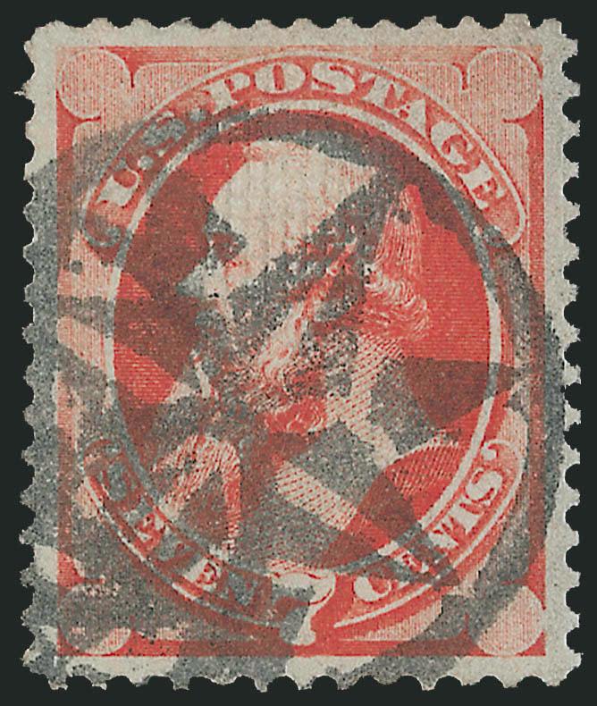 7c Vermilion, Grill (138).> I. Grill, brilliant color, cancelled by bold strike of <New York Foreign Mail Geometric,> perfectly centered with wide margins<><>^EXTREMELY FINE GEM. A STUNNING USED EXAMPLE OF THE
7-CENT NATIONAL BANK NOTE COMPANY GRIL