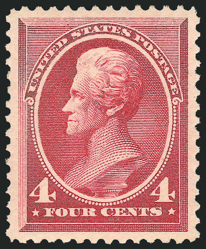 4c Carmine (215).> Mint N.H., deep rich color and sharp proof-like impression, perfectly centered with wide and balanced margins<><>^EXTREMELY FINE GEM. A MAGNIFICENT MINT NEVER-HINGED EXAMPLE OF THE 1888
4-CENT CARMINE AMERICAN BANK NOTE COMPANY I