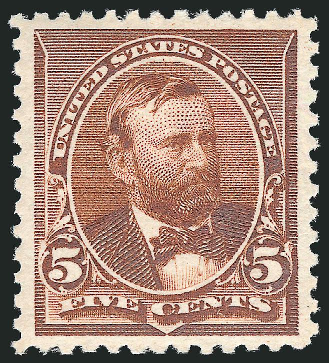 5c Chocolate (223).> Mint N.H., precise centering, rich color<><>^EXTREMELY FINE GEM. A BEAUTIFUL MINT NEVER-HINGED EXAMPLE OF THE 5-CENT 1890 ISSUE GRADED XF-SUPERB 95 BY P.S.E.^<><>With 2010 P.S.E.
certificate (XF-Superb 95 SMQ $2,400.00)