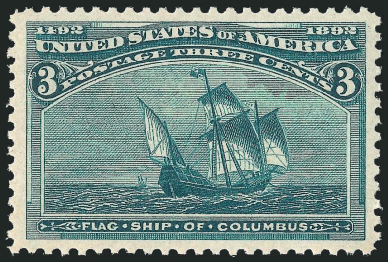 3c Columbian (232).> Mint N.H., superior centering with wide and balanced margins, intense shade and proof-like impression, Extremely Fine Gem, a beautiful stamp, with 2010 P.S.E. certificate (XF-Superb 95
Jumbo SMQ $600.00 as 95, $2,300.00 as 98)