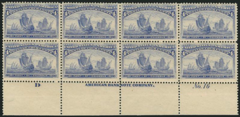 4c Columbian (233).> Bottom imprint, plate no. 16 and letter D block of eight, top center pair barely hinged, others Mint N.H., brilliant color, one stamp at top natural inclusion, light vertical crease
affects right stamps and not mentioned on acc