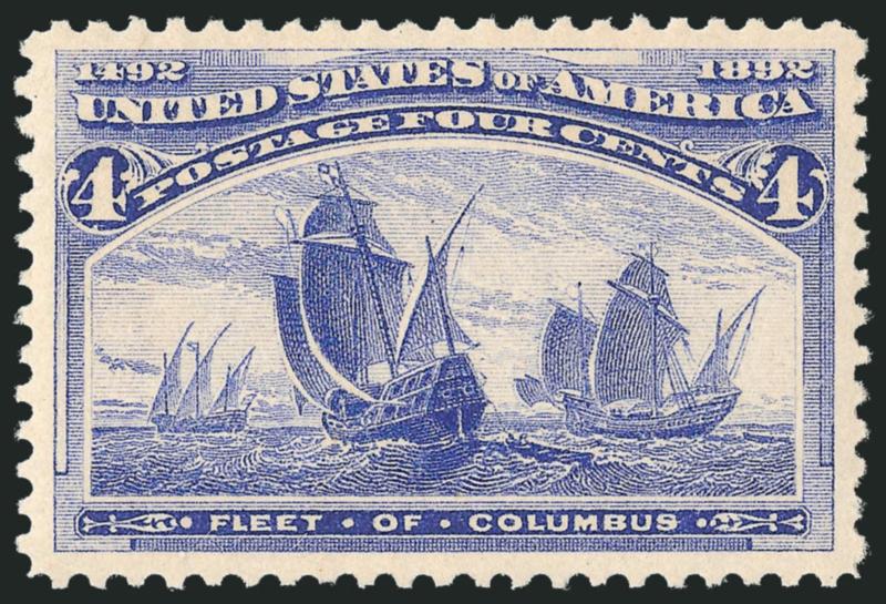 4c Columbian (233).> Mint N.H., radiant color and proof-like impression on bright paper, perfect centering with wide and balanced margins<><>^EXTREMELY FINE GEM. A GORGEOUS MINT NEVER-HINGED EXAMPLE OF THE
4-CENT COLUMBIAN ISSUE, WHICH HAS BEEN GRA