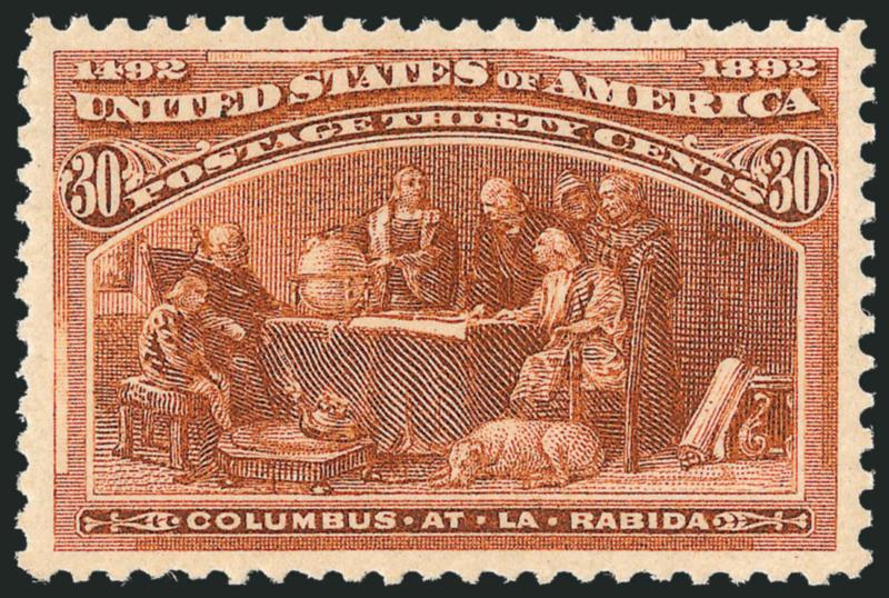 30c Columbian (239).> Mint N.H., radiant color as fresh as the day it was printed on post-office fresh paper, perfectly centered with wide margins<><>^EXTREMELY FINE GEM. THIS MAGNIFICENT MINT NEVER-HINGED
EXAMPLE OF THE 30-CENT COLUMBIAN ISSUE HAS
