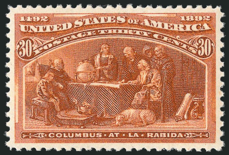 30c Columbian (239).> Mint N.H., choice balanced margins, vivid color<><>^EXTREMELY FINE GEM. A BEAUTIFUL MINT NEVER-HINGED 30-CENT COLUMBIAN.^<><>With 2010 P.S.E. certificate (XF-Superb 95 SMQ
$3,850.00)