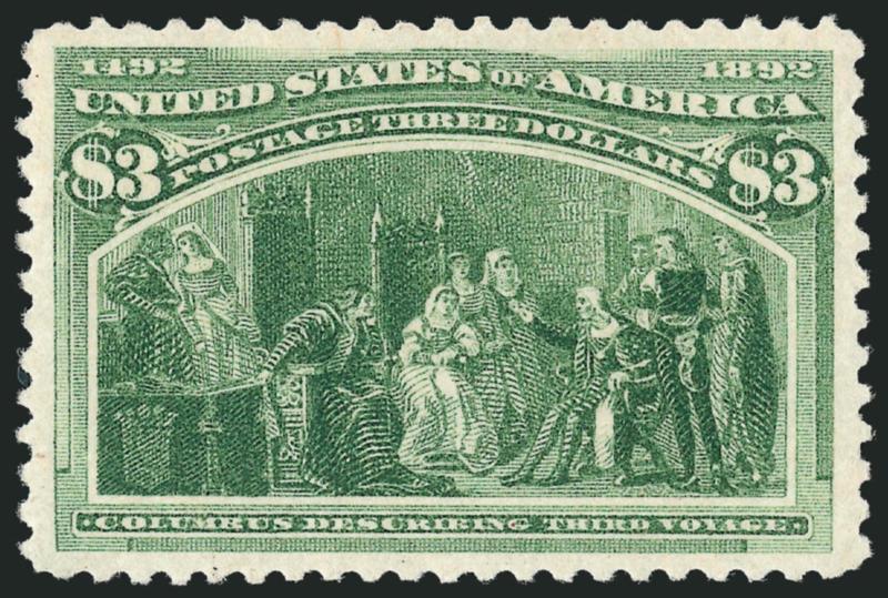 $3.00 Columbian (243).> Mint N.H., brilliant color on post-office fresh paper, gorgeous centering with wide and balanced margins, long and full perforations all around<><>^EXTREMELY FINE GEM. AN ABSOLUTELY
STUNNING MINT NEVER-HINGED EXAMPLE OF THE