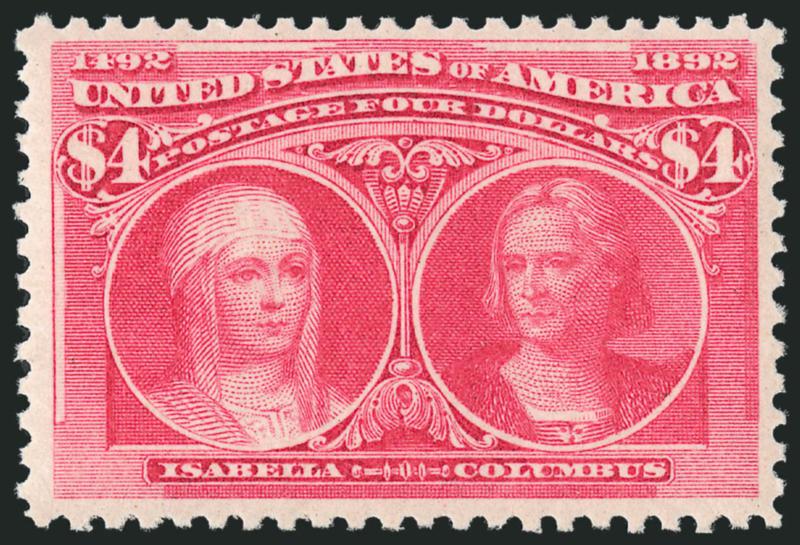 $4.00 Columbian (244).> Mint N.H., vibrant color on post-office fresh paper, gorgeous centering with wide and balanced margins, long and full perforations all around<><>^EXTREMELY FINE GEM. A STUNNING MINT
NEVER-HINGED EXAMPLE OF THE $4.00 COLUMBIA