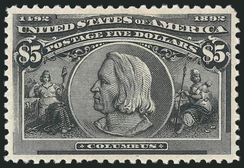 $5.00 Columbian (245).> Mint N.H., perfectly centered with massive margins evenly framing design, intense shade and proof-like impression on brilliant white paper, long full perforations<><>^EXTREMELY FINE
GEM. THIS IS ONE OF THE FINEST MINT NEVER-