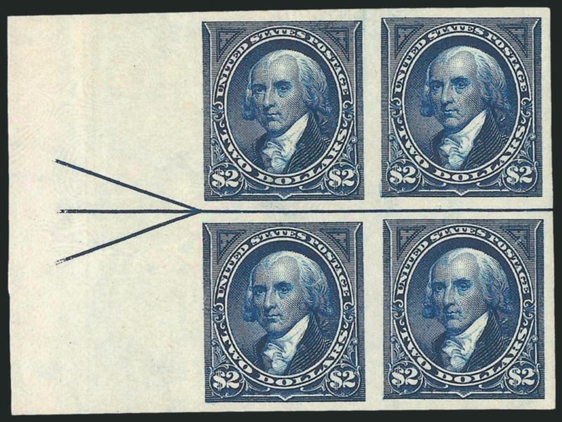 $2.00 Dark Blue, Imperforate (277b).> Left arrow block of four, large margins all around, original gum, deep rich color, top left stamp thin spot<><>^VERY FINE APPEARANCE. AN EXTREMELY RARE ORIGINAL-GUM BLOCK
OF FOUR OF THE IMPERFORATE 1895 $2.00 W