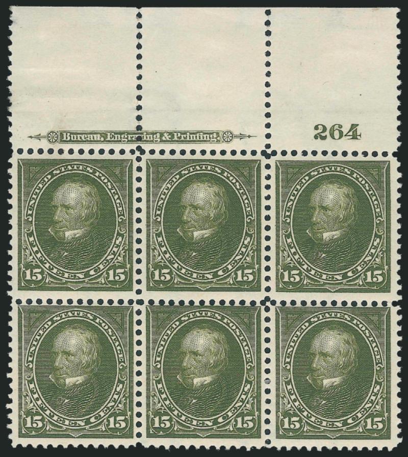 15c Olive Green (284).> Top imprint and plate no. 264 block of six with <wide selvage,> original gum, lightly hinged, rich color on bright paper, few expertly reinforced perf separations in top selvage
only<><>^VERY FINE. A RARE PLATE BLOCK OF THE