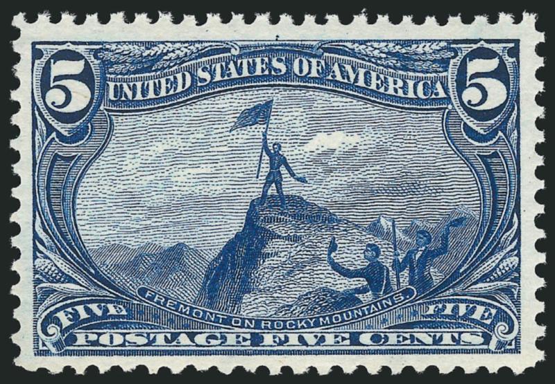 5c Trans-Mississippi (288).> Mint N.H., rich color and proof-like impression, unusually choice centering with wide margins<><>^EXTREMELY FINE GEM. A SUPERB MINT NEVER-HINGED EXAMPLE OF THE 5-CENT
TRANS-MISSISSIPPI ISSUE.^<><>With 2010 P.S.E. cert