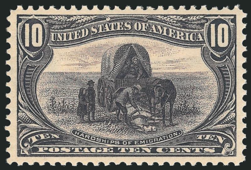 10c Trans-Mississippi (290).> Mint N.H., deep rich color and proof-like impression, gorgeous centering with wide and balanced margins, long and full perforations all around<><>^EXTREMELY FINE GEM. A GORGEOUS
MINT NEVER-HINGED EXAMPLE OF THE 10-CENT