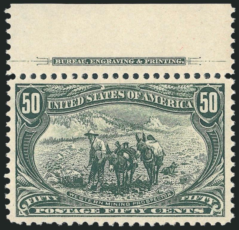 50c Trans-Mississippi (291).> Mint N.H. with <imprint selvage at top,> phenomenally fresh color and detailed impression showing every nuance of the design, essentially perfectly centered with wide and balanced
margins<><>^EXTREMELY FINE GEM. A STUN