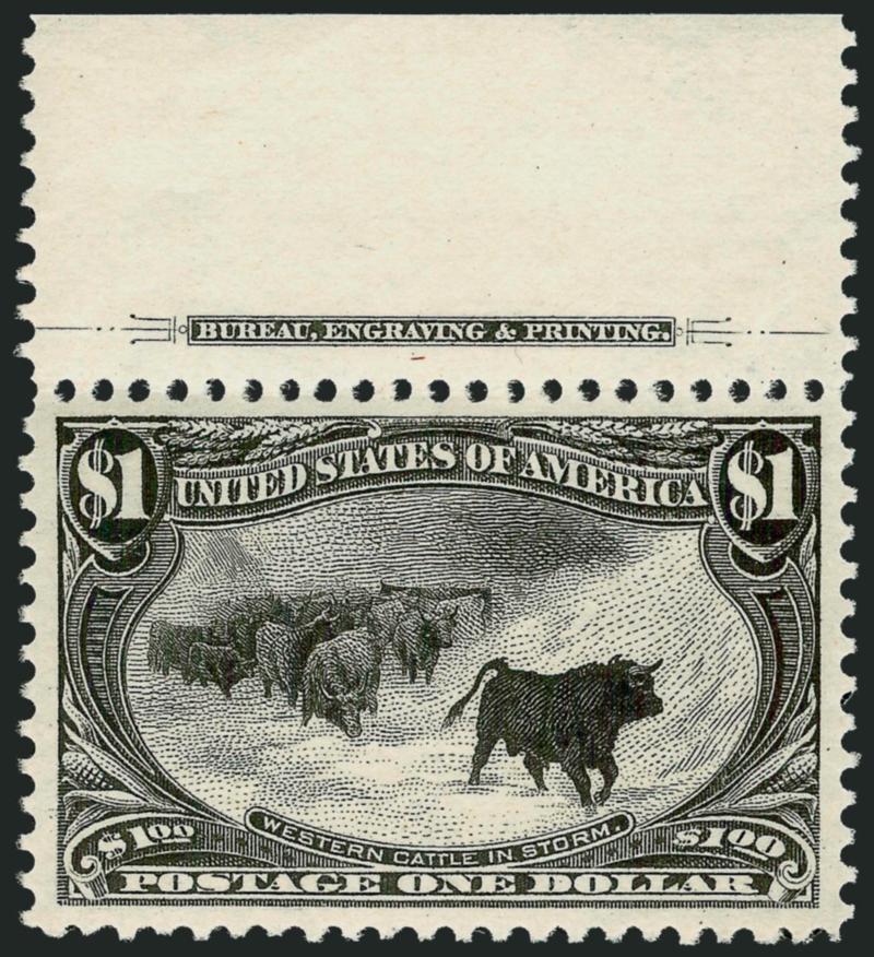 $1.00 Trans-Mississippi (292).> Mint N.H. with <imprint selvage at top,> intense shade on bright paper, as fresh as the day it was printed, incredibly detailed impression which highlights every minute detail
of this wonderful engraving<><>^EXTREMEL