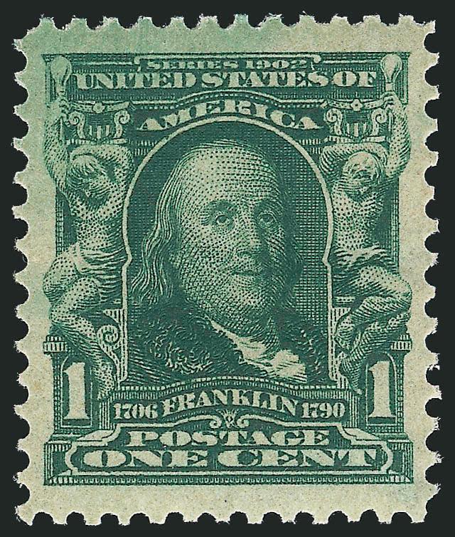 1c Blue Green (300).> Mint N.H., Jumbo margins and precise centering, unusual plate wash at top of stamp, Extremely Fine Gem, with 2010 P.S.E. certificate (XF-Superb 95 Jumbo SMQ $260.00 as 95, $1,250.00 as
98)