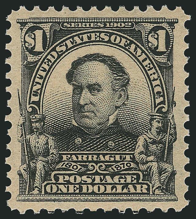 $1.00 Black (311).> Mint N.H., intense shade and detailed impression on crisp paper, wide and balanced margins<><>^EXTREMELY FINE GEM. A STUNNING MINT NEVER-HINGED EXAMPLE OF THE $1.00 1902 ISSUE.^<><>With
2010 P.S.E. certificate (XF-Superb 95 S