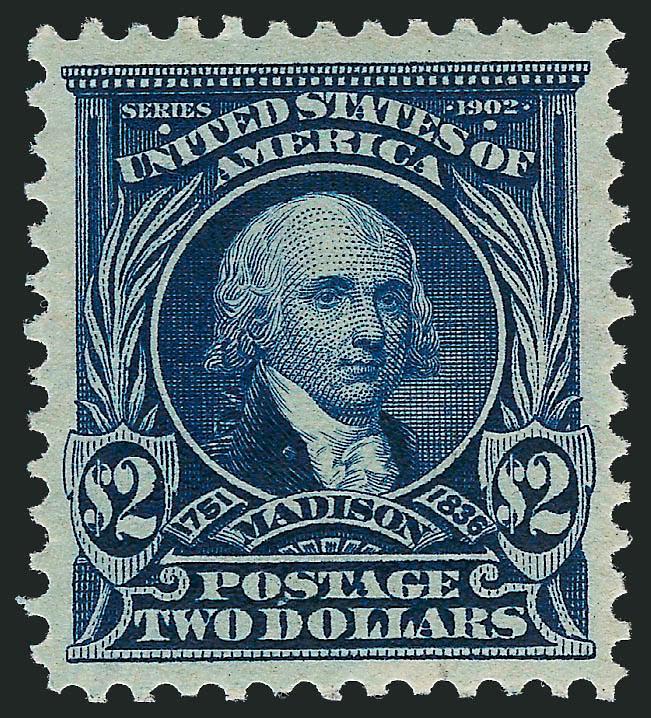 $2.00 Dark Blue (312).> Mint N.H., deep rich color on bright white paper, almost perfect centering with wide margins all around<><>^EXTREMELY FINE GEM. A SPECTACULAR MINT NEVER-HINGED EXAMPLE OF THE $2.00 1902
ISSUE IN THE FINEST CONDITION ATTAINAB