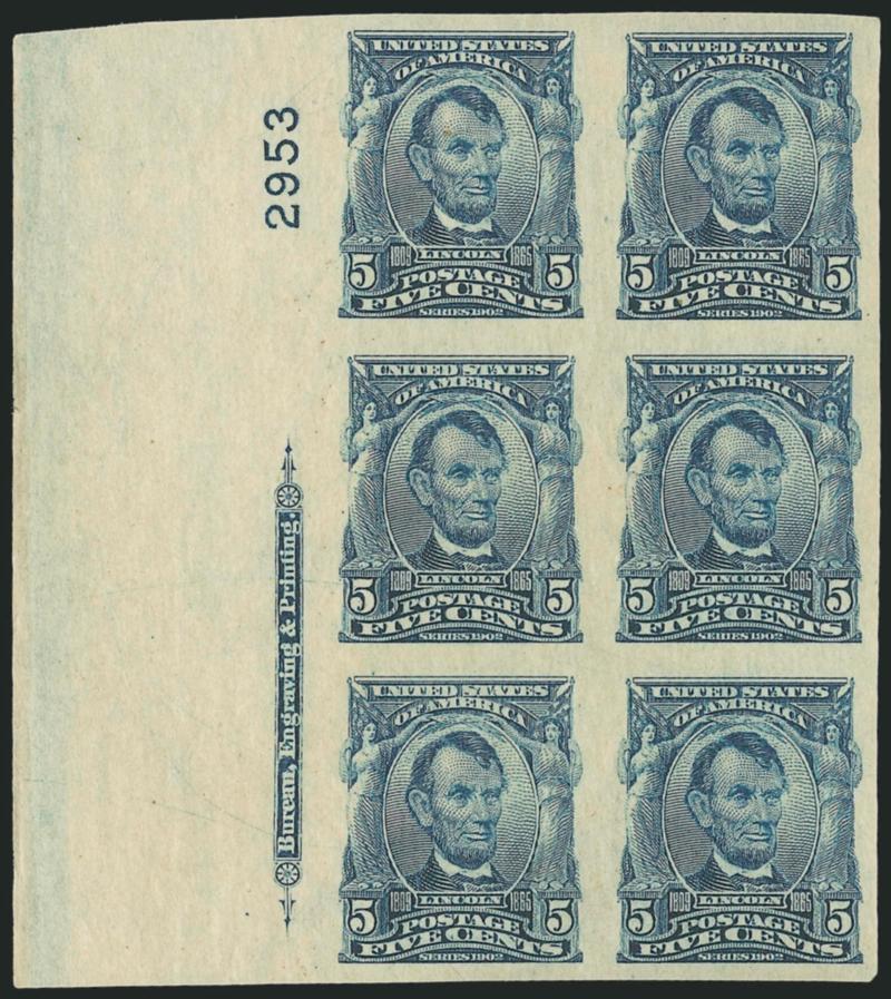 5c Blue, Imperforate (315).> Mint N.H. left imprint and plate no. 2953 block of six, huge margins, deep rich color<><>^EXTREMELY FINE. A BEAUTIFUL MINT NEVER-HINGED PLATE BLOCK OF THE 5-CENT 1908 IMPERFORATE
ISSUE.^<><>With 1980 P.F. certificate