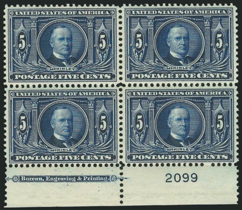 5c Louisiana Purchase (326).> Mint N.H. bottom imprint and plate no. 2099 block of four, rich color and proof-like impression on bright paper, Extremely Fine Gem