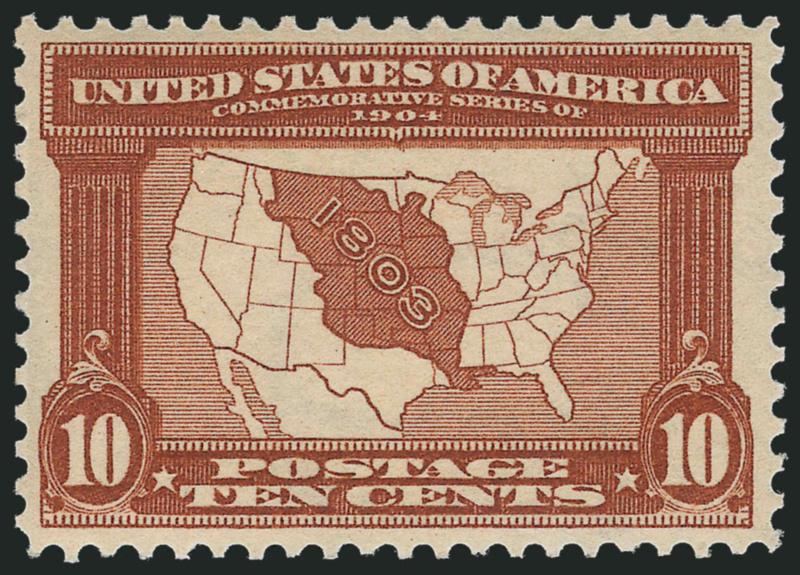 10c Louisiana Purchase (327).> Mint N.H., rich color and detailed impression, almost perfectly centered<><>^EXTREMELY FINE GEM. A SUPERB MINT NEVER-HINGED EXAMPLE OF THE 10-CENT LOUISIANA PURCHASE
ISSUE.^<><>The Louisiana Purchase stamps, much li