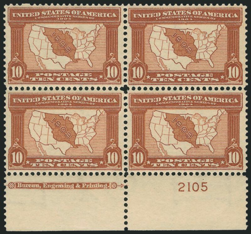 10c Louisiana Purchase (327).> Bottom imprint and plate no. 2105 block of four, bottom stamps Mint N.H., top stamps lightly hinged, faint natural gum bend not mentioned on accompanying certificate, Extremely
Fine, with 2005 P.F. certificate