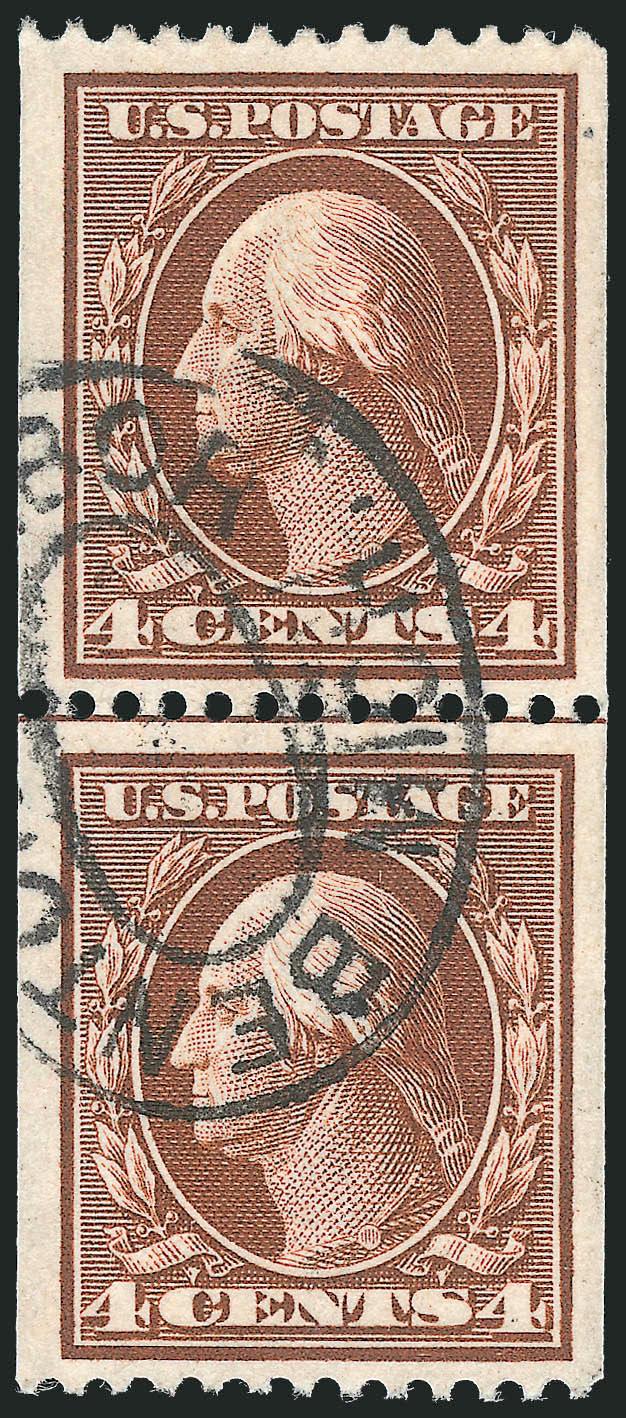 4c Orange Brown, Coil (350).> Guide line pair, neat strike of Benton Harbor Mich. oval registry cancel, unusually choice centering with wide margins<><>^EXTREMELY FINE. A RARE USED GUIDE LINE PAIR OF THE 1909
4-CENT VERTICAL PAIR, SCOTT 350.^<><