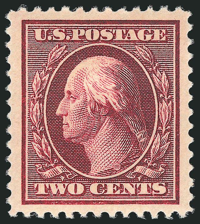 2c Lake (375b).> Single h.r., intense shade in the truly distinctive Lake color, gorgeous centering with Jumbo margins<><>^EXTREMELY FINE. A BEAUTIFUL EXAMPLE OF THE 2-CENT 1910 WASHINGTON ISSUE IN THE SCARCE
LAKE SHADE.^<><>Through an error at t