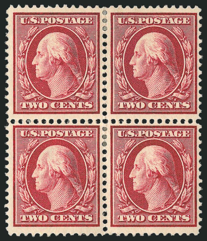 2c Lake (375b).> Block of four, h.r., deep rich color in the unmistakable Lake shade<><>^VERY FINE AND CHOICE BLOCK OF THE 2-CENT 1910 WASHINGTON IN THE SCARCE LAKE SHADE. THIS IS THE FIRST MULTIPLE WE HAVE
OFFERED SINCE KEEPING COMPUTERIZED RECORD