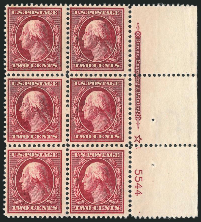 2c Lake (375b).> Right imprint, hollow star and plate no. 5544 block of six, deep rich color in the true Lake shade, pos. 1, 3 and 6 Mint N.H., others lightly hinged<><>^VERY FINE AND CHOICE. A RARE AND
DESIRABLE PLATE BLOCK OF THE 2-CENT 1910 WASH