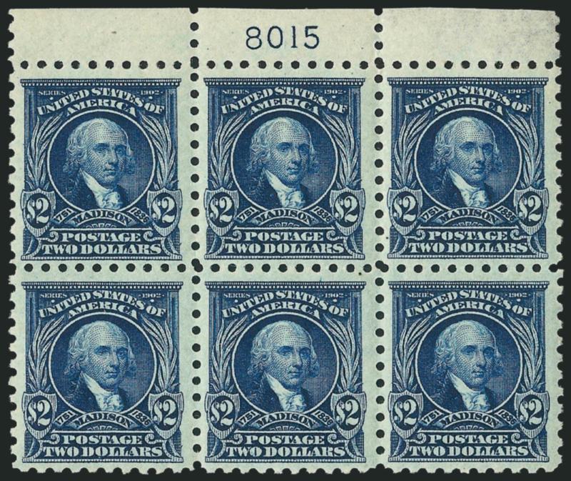 $2.00 Dark Blue (479).> Top plate no. 8015 block of six, top left stamp and bottom row Mint N.H., others lightly hinged, deep rich color and detailed impression, tiny natural inclusion in bottom center stamp,
slight crease in bottom left stamp<><>^