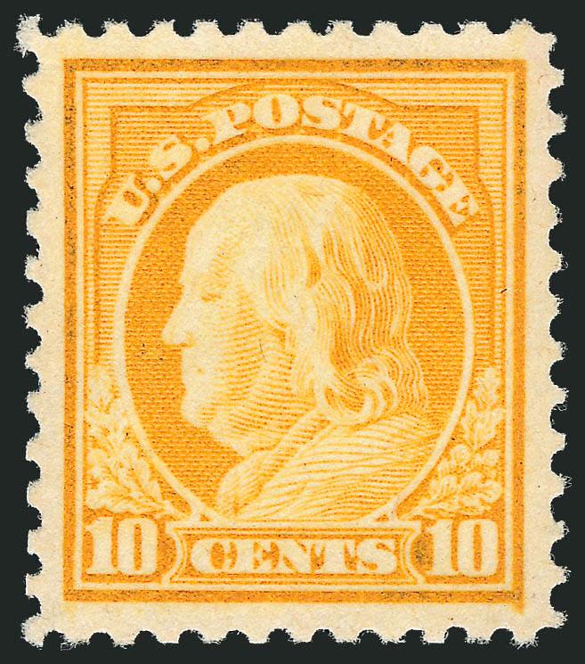 10c Orange Yellow (510).> Mint N.H., vibrant color, wide and balanced margins, Extremely Fine Gem, with 2010 P.S.E. certificate (Superb 98 SMQ $880.00), only one has graded higher and only five others share
this desirable grade