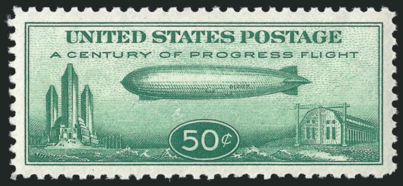 50c Chicago Zeppelin (C18).> Mint N.H., radiant color, perfectly centered with Jumbo margins, Extremely Fine Gem, with 2010 P.S.E. certificate (Superb 98 Jumbo unpriced in SMQ above the grade of 98, SMQ
$450.00 as 98), only two have graded higher to