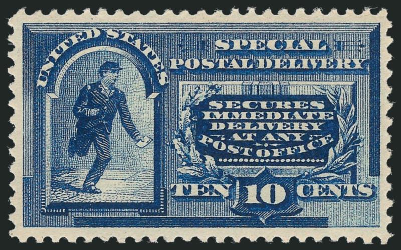 10c Blue, Special Delivery (E2).> Mint N.H., exceptionally wide margins and nearly perfectly centered, vivid color on post office fresh paper<><>^EXTREMELY FINE GEM. A MARVELOUS MINT NEVER-HINGED EXAMPLE OF
THE SECOND SPECIAL DELIVERY ISSUE OF 1888
