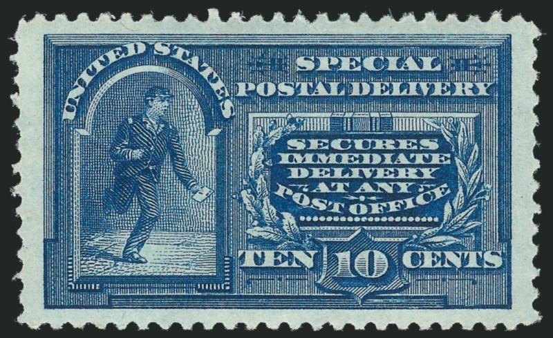 10c Blue, Special Delivery (E4).> Mint N.H., deep rich color nicely contrasted by bright white paper, beautifully centered with wide and balanced margins all around<><>^EXTREMELY FINE GEM. THE 10-CENT 1894
UNWATERMARKED SPECIAL DELIVERY ISSUE IS A