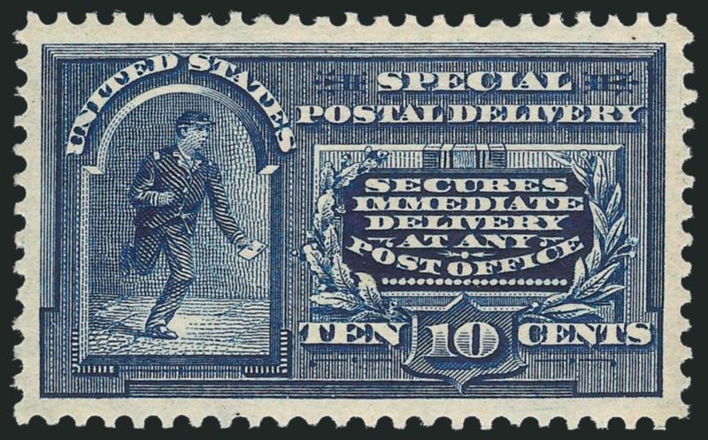 10c Blue, Special Delivery (E5).> Mint N.H., wide margins of near Jumbo proportions, almost perfect centering, deep rich color<><>^EXTREMELY FINE GEM. A SUPERB MINT-NEVER HINGED EXAMPLE OF THE 1895 WATERMARKED
SPECIAL DELIVERY ISSUE.^<><>With 201