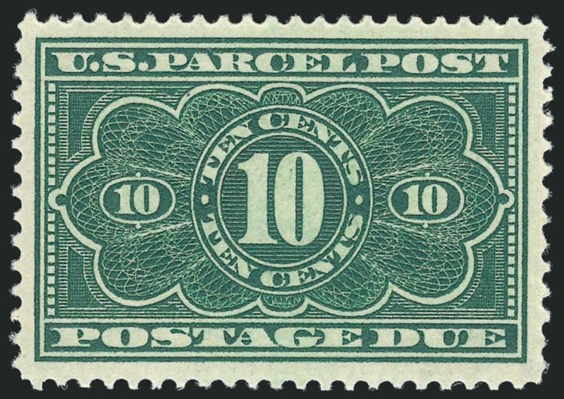 10c Dark Green, Parcel Post Postage Due (JQ4).> Mint N.H., pretty shade, choice centering with wide margins, fresh and Extremely Fine, with 2010 P.S.E. certificate (XF-Superb 95 SMQ $1,700.00), this is the
highest grade awarded to date (15 share it)