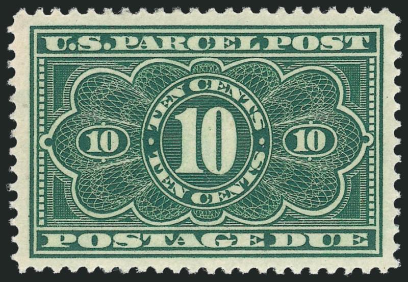 10c Dark Green, Parcel Post Postage Due (JQ4).> Mint N.H., wide and balanced margins on fresh paper, rich color, Extremely Fine Gem, with 2010 P.S.E. certificate (XF-Superb 95 SMQ $1,700.00)