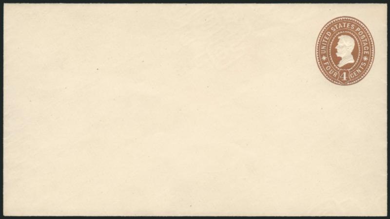 4c Brown on White entire, Die 103 (U373 UPSS1353).> Size 10, knife 56, watermark 13, unused, bright color, fresh and crisp paper<><>^EXTREMELY FINE. A BEAUTIFUL EXAMPLE OF THE 1899 4-CENT BROWN ON WHITE
ENTIRE. LESS THAN A HALF-DOZEN ARE KNOWN.^<