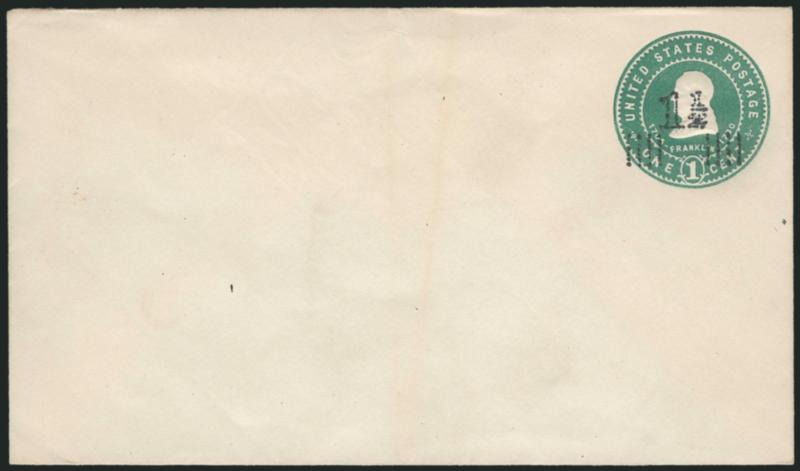 1-12c on 1c Green on White entire, Die 106, Surcharge Ty. 9 (U508A UPSS 3185).> Size 8, knife 41, watermark 14, unused, rich color, small tear on backflap, light stain at center is barely noticeable (not
mentioned on accompanying certificate)<><>