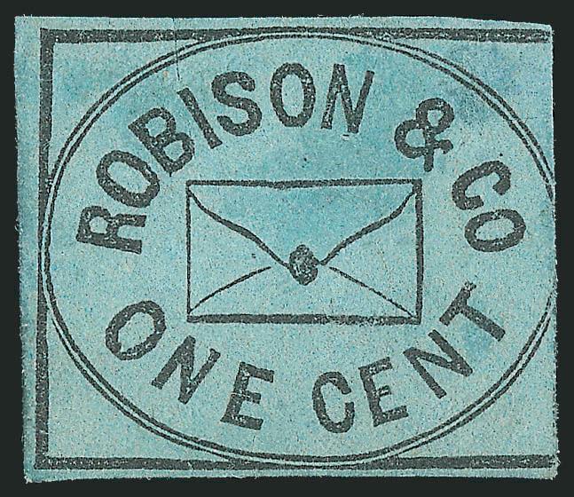 Robison & Co., Brooklyn N.Y., 1c Black on Blue (128L1).> Three large margins, in at right, crisp impression, accompanying P.F. certificate notes unused...slight discoloration at top which is actually the
watery blue cancellation known to have been